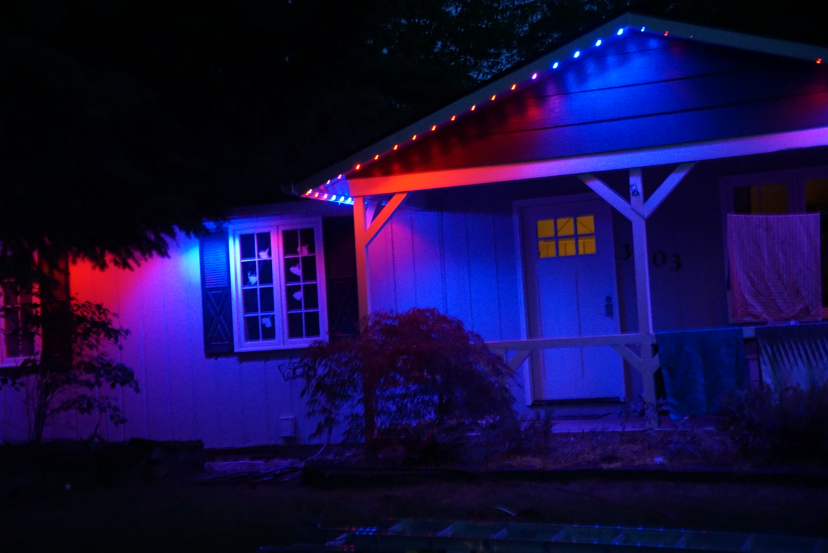 Red & Blue Color Program — permanent exterior lighting in Front elevation
